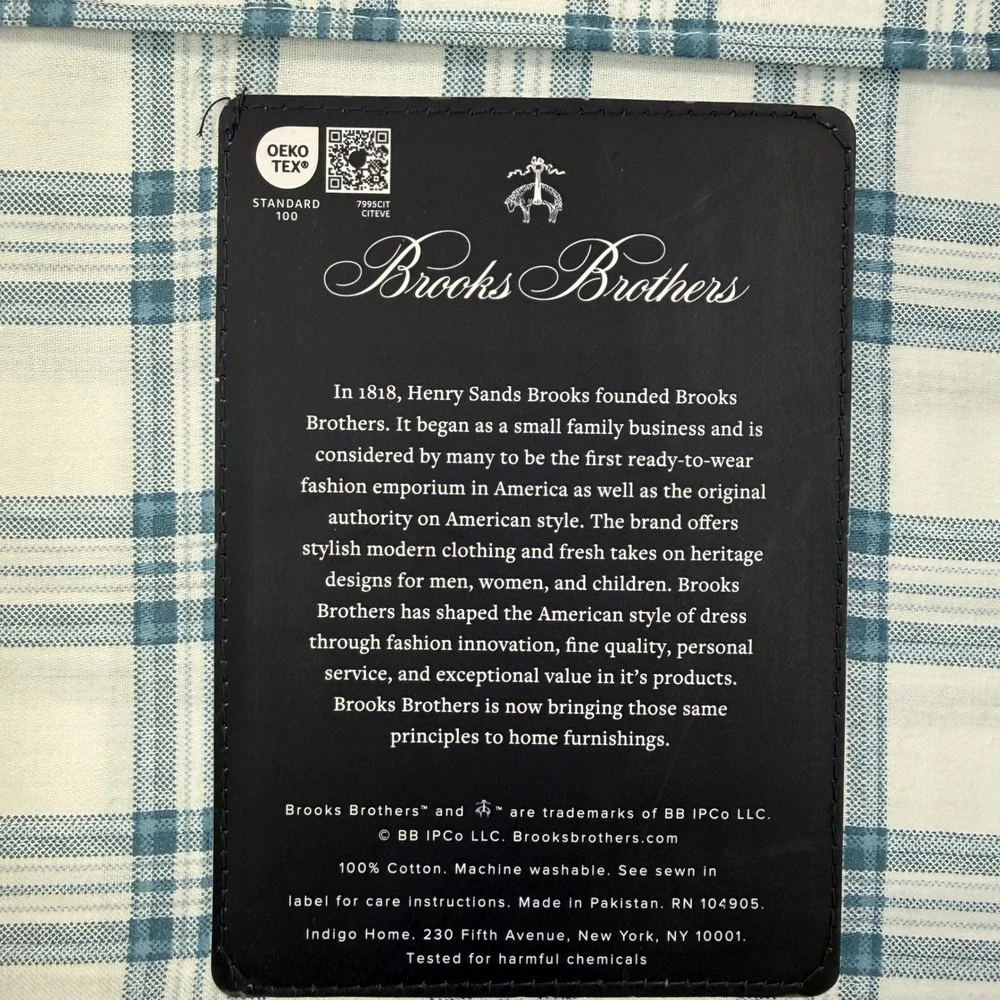 Brooks Brothers Queen Sheet Set Blue White Plaid 100% Cotton 4pc‎ New